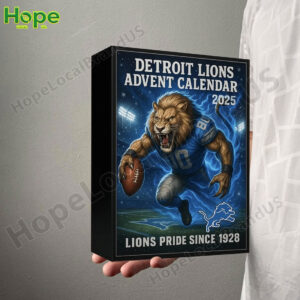 Detroit Lions Advent Calendar 2025 box held in hand featuring a roaring lion in football gear.