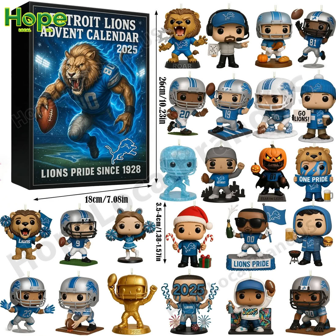 Detroit Lions Advent Calendar 2025 box with collectible mini figures displayed outside.