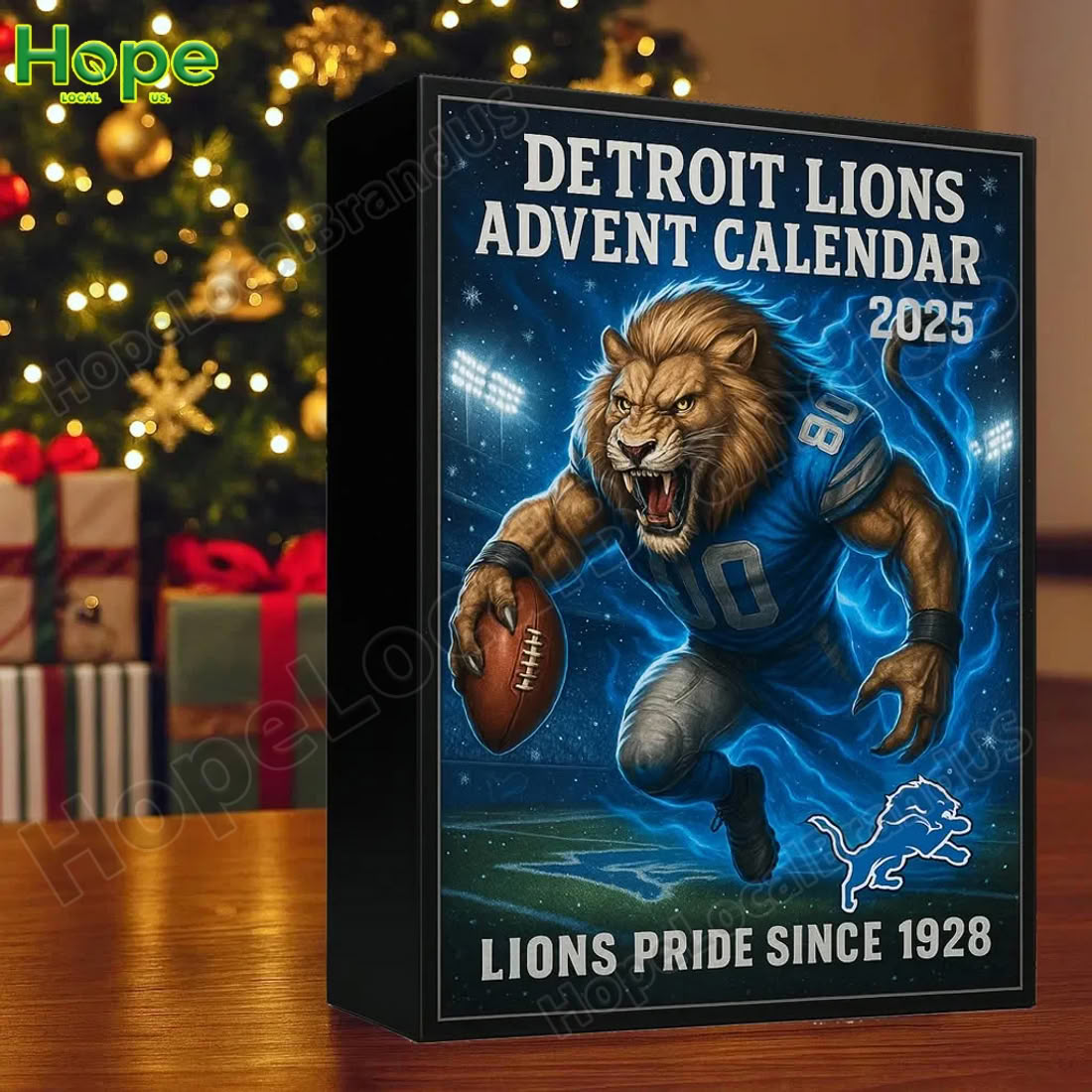 Detroit Lions Advent Calendar 2025 box placed on a table near a decorated Christmas tree.