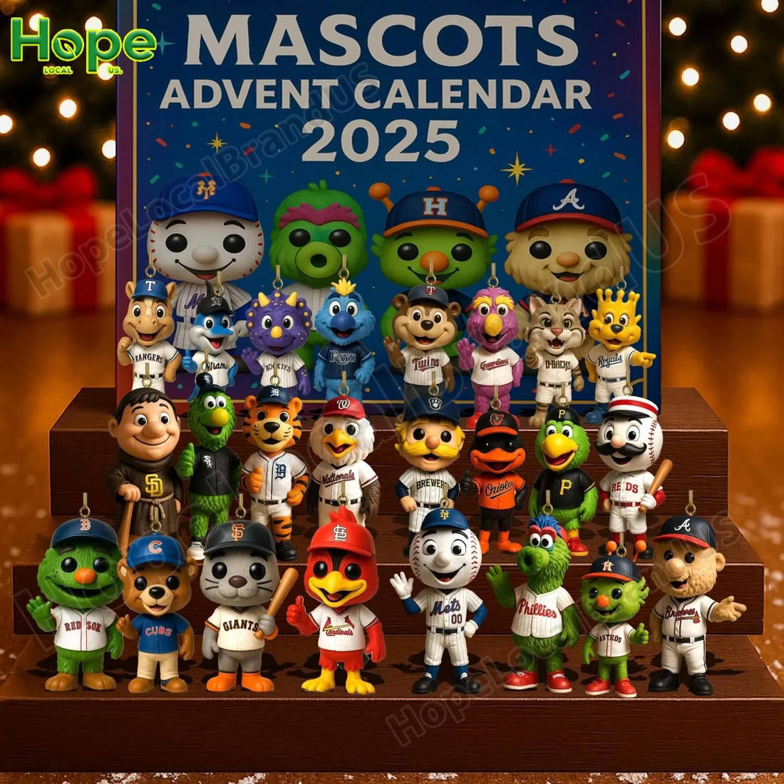 A large display of baseball mascot figurines from an advent calendar arranged on a tiered wooden stand in front of a blue box!