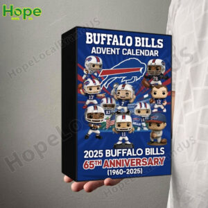 Buffalo Bills advent calendar box celebrating 65th anniversary with player figures.