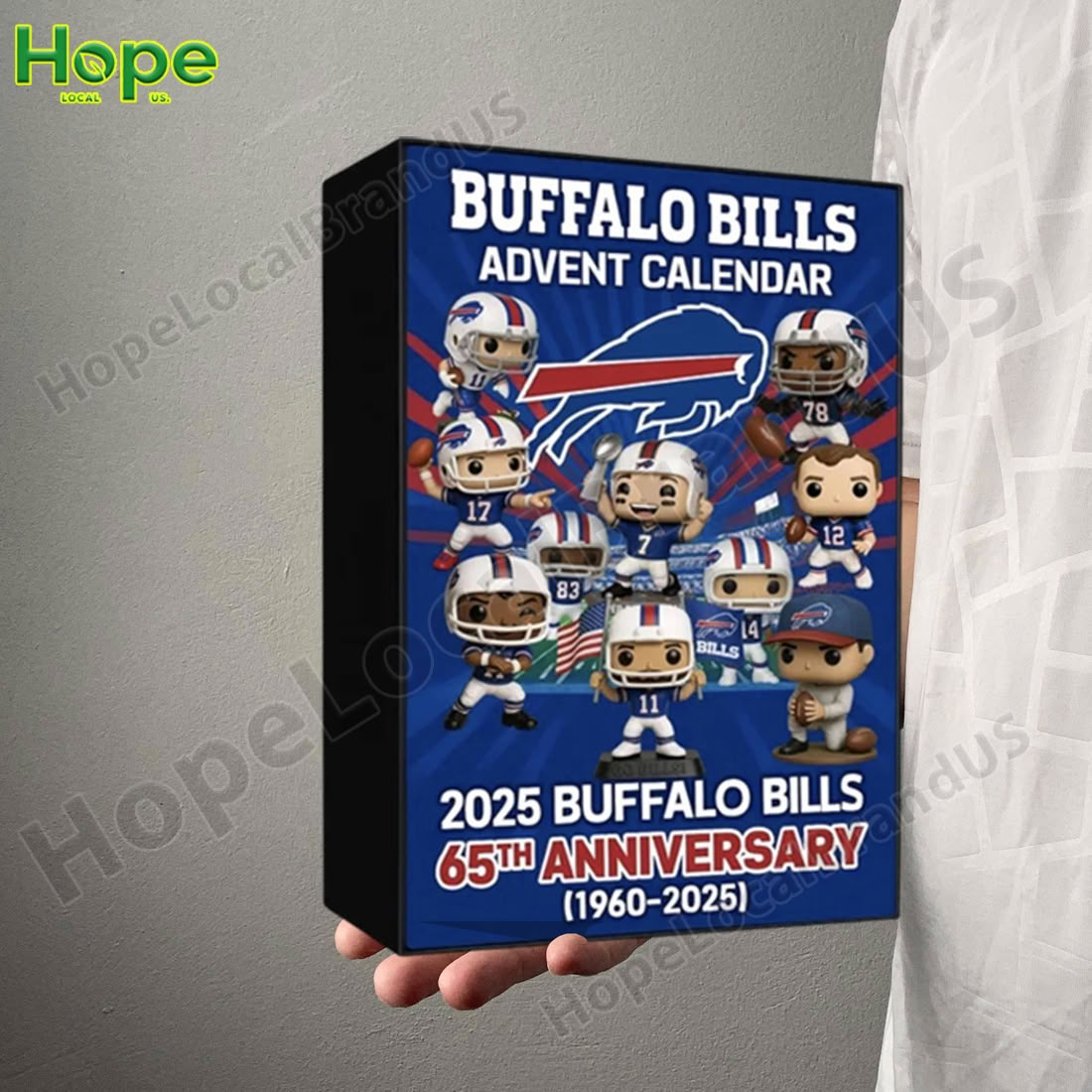 Buffalo Bills advent calendar box celebrating 65th anniversary with player figures.