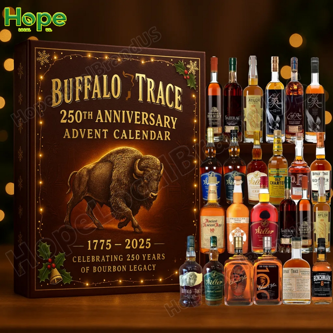 Buffalo Trace 250th Anniversary Advent Calendar with assorted bourbon bottles.