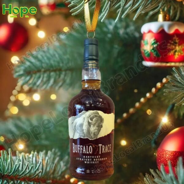 Buffalo Trace bourbon bottle ornament hanging on a Christmas tree.
