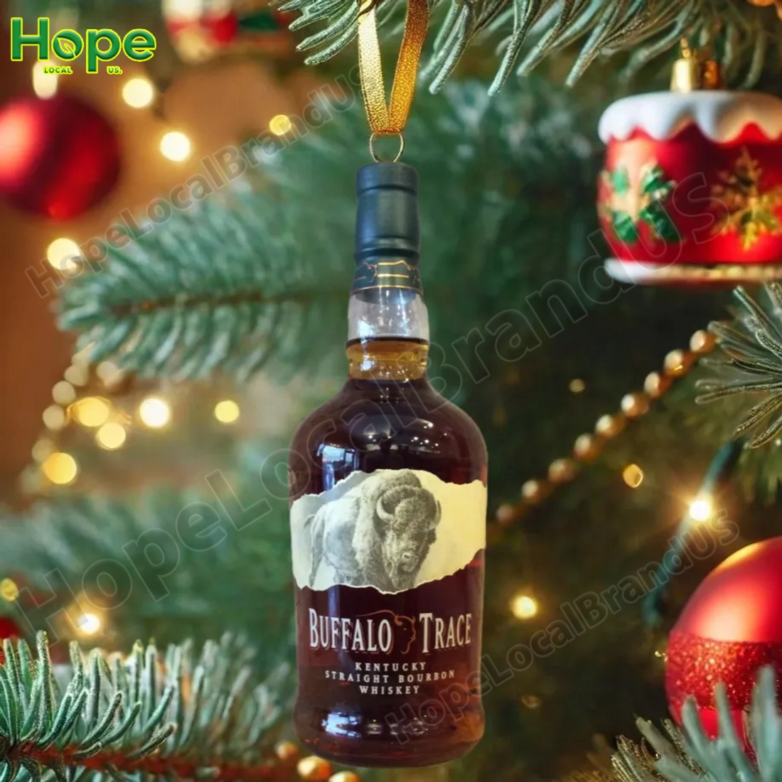 Buffalo Trace bourbon bottle ornament hanging on a Christmas tree.