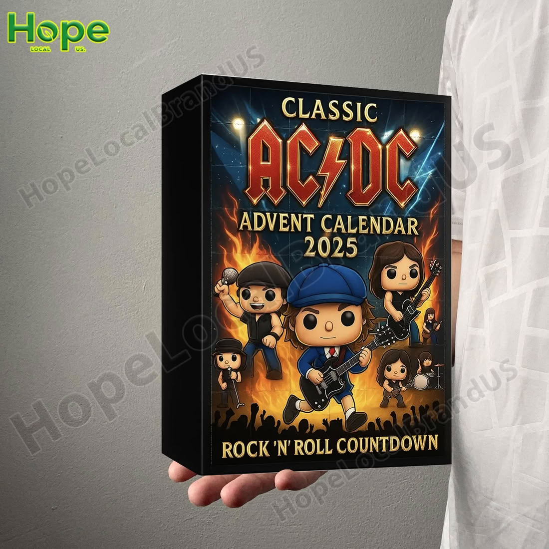 Box of Classic AC DC Advent Calendar 2025 with rock band characters on the cover.