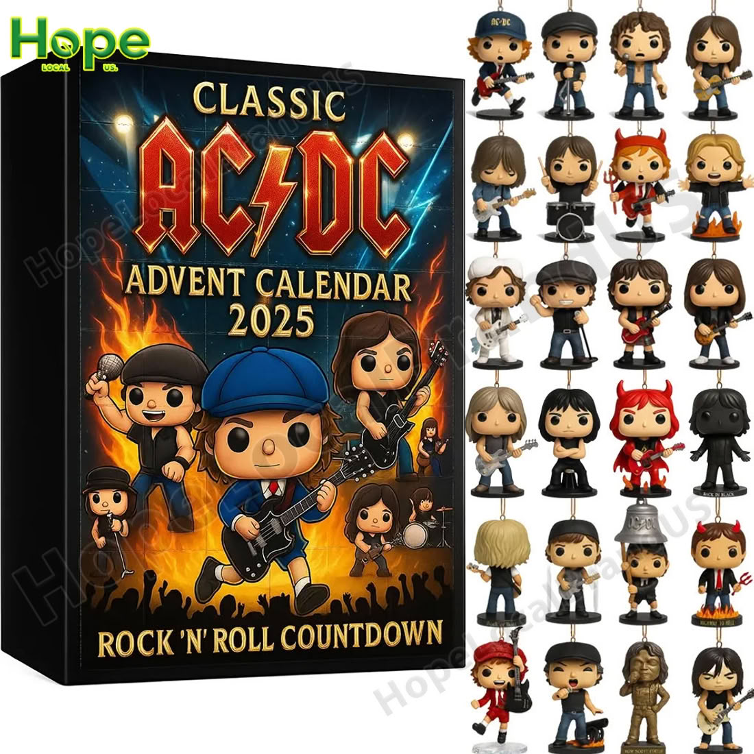 Classic AC DC Advent Calendar 2025 box with collectible band character figures displayed.