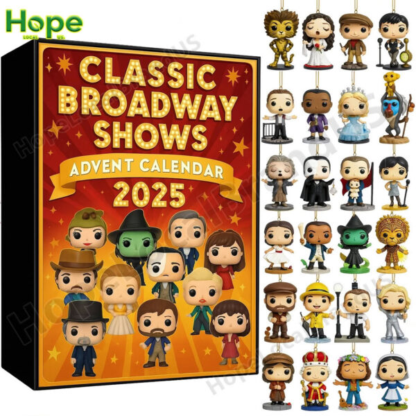 An advent calendar box next to all the Broadway show figurines that come inside!