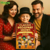 A family smiling and holding a Broadway themed advent calendar!