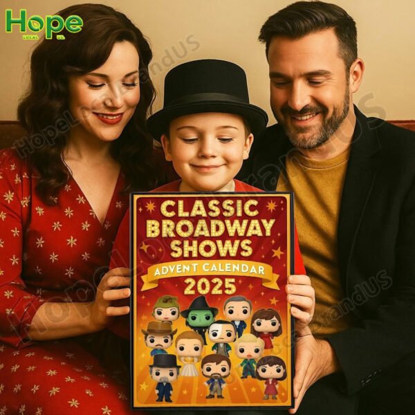 A family smiling and holding a Broadway themed advent calendar!