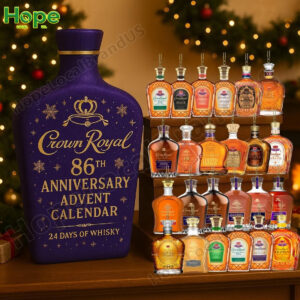 A festive display of a Crown Royal advent calendar and its contents on a wooden table!