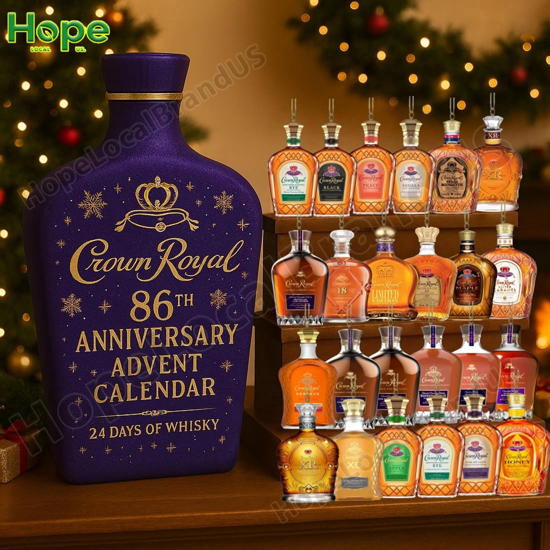 A festive display of a Crown Royal advent calendar and its contents on a wooden table!