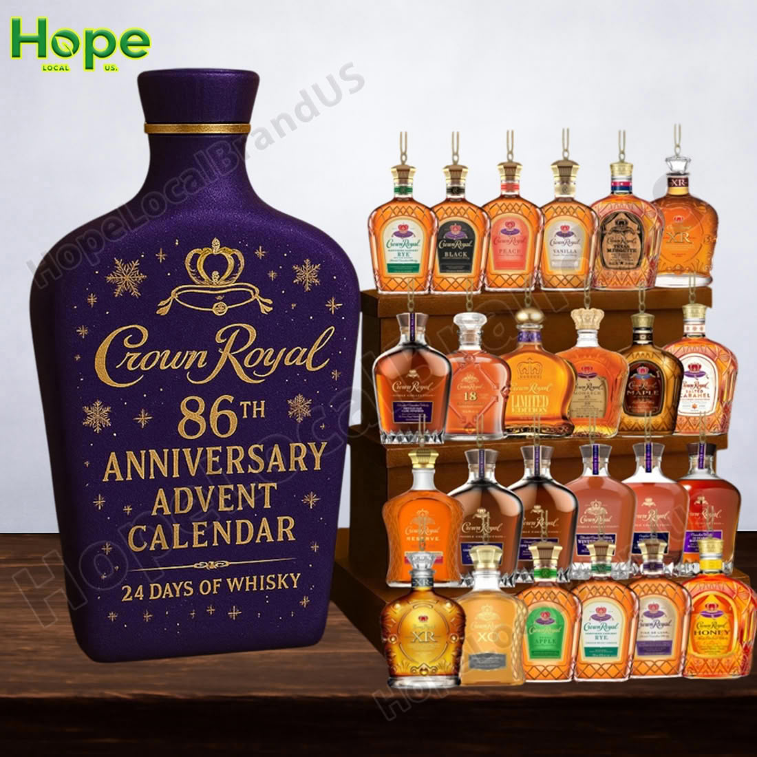 Various whisky bottles from a Crown Royal advent calendar displayed on a tiered stand!
