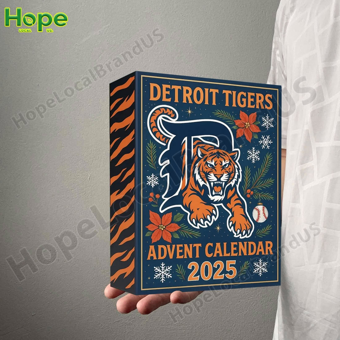 Detroit Tigers 2025 advent calendar box held by a person.