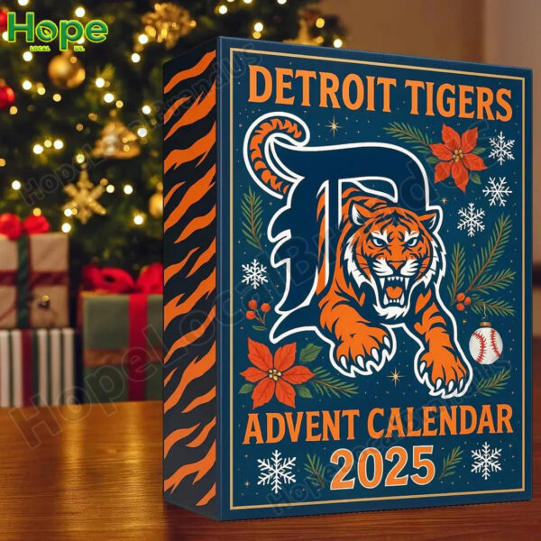 Detroit Tigers 2025 advent calendar box next to a Christmas tree.