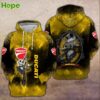 Yellow Ducati hoodie featuring Jack Skellington Halloween design with spider webs.