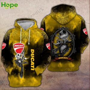 Yellow Ducati hoodie featuring Jack Skellington Halloween design with spider webs.