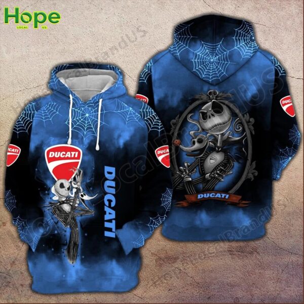 Blue Ducati hoodie featuring Jack Skellington Halloween design with spider webs.