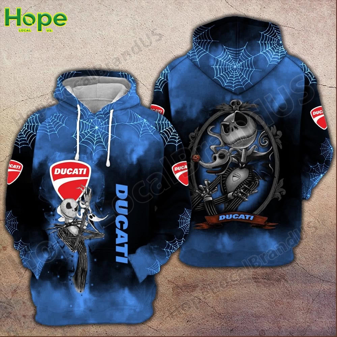 Blue Ducati hoodie featuring Jack Skellington Halloween design with spider webs.