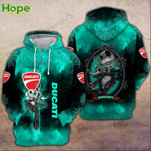Teal Ducati hoodie featuring Jack Skellington Halloween design with spider webs.