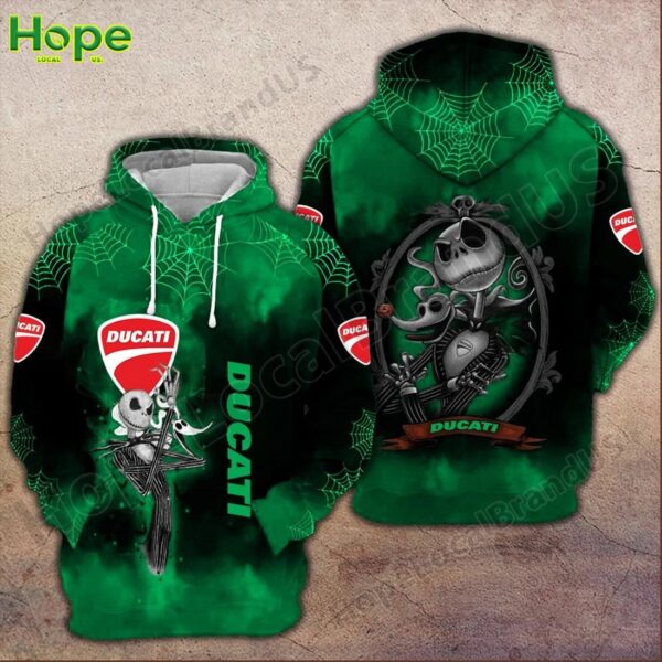 Green Ducati hoodie featuring Jack Skellington Halloween design with spider webs.