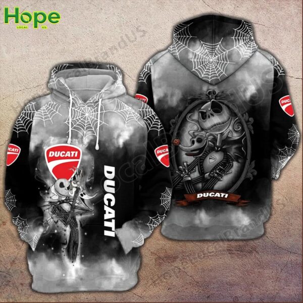 Gray Ducati hoodie featuring Jack Skellington Halloween design with spider webs.