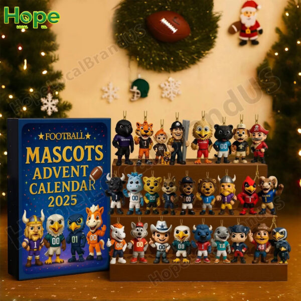 A football themed advent calendar box next to all the miniature mascot figurines from inside!
