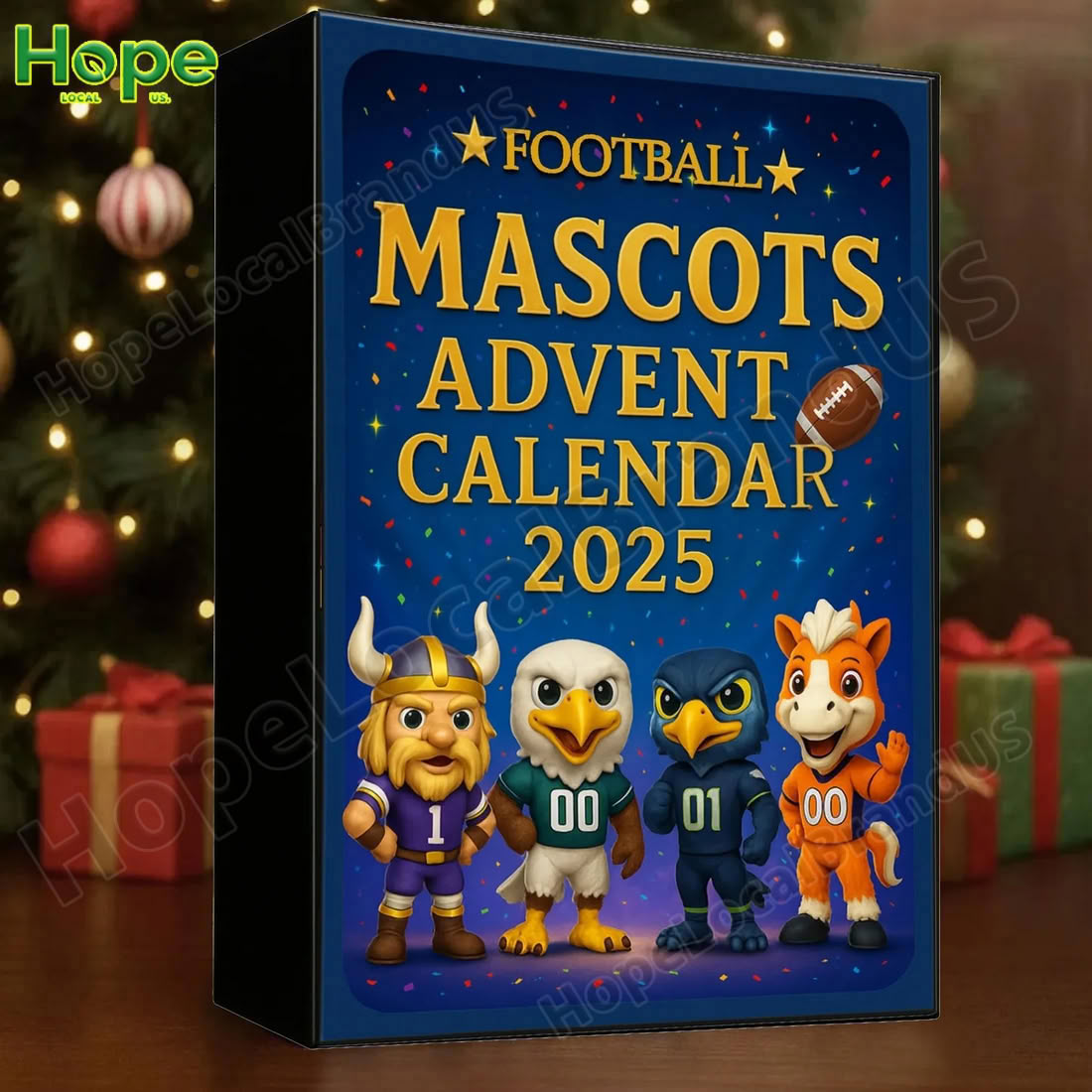 A football themed advent calendar box featuring cartoon mascot characters on a table!