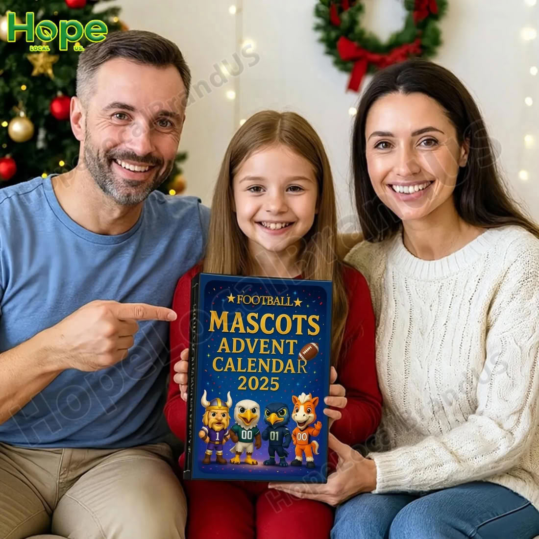 A family smiling and holding a football themed advent calendar!