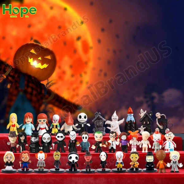 Various horror movie figurines from a calendar displayed on a tiered stand!