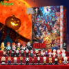 An advent calendar box with an open door and all the horror figurines from inside displayed on a stage!