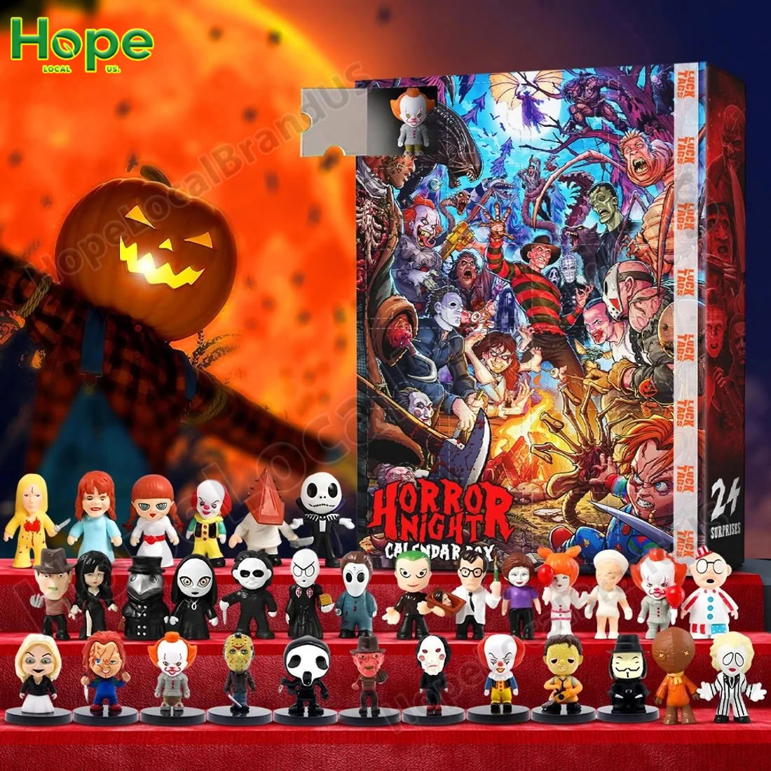 An advent calendar box with an open door and all the horror figurines from inside displayed on a stage!