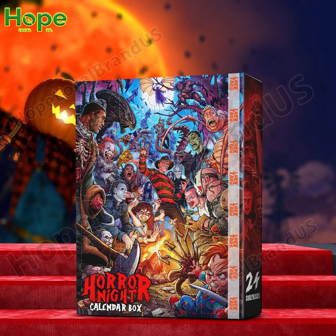 A horror themed advent calendar box with a collage of characters on a red stage!