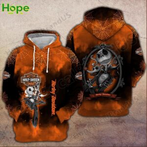 Orange Harley Davidson hoodie with Jack Skellington and Halloween spiderweb design.