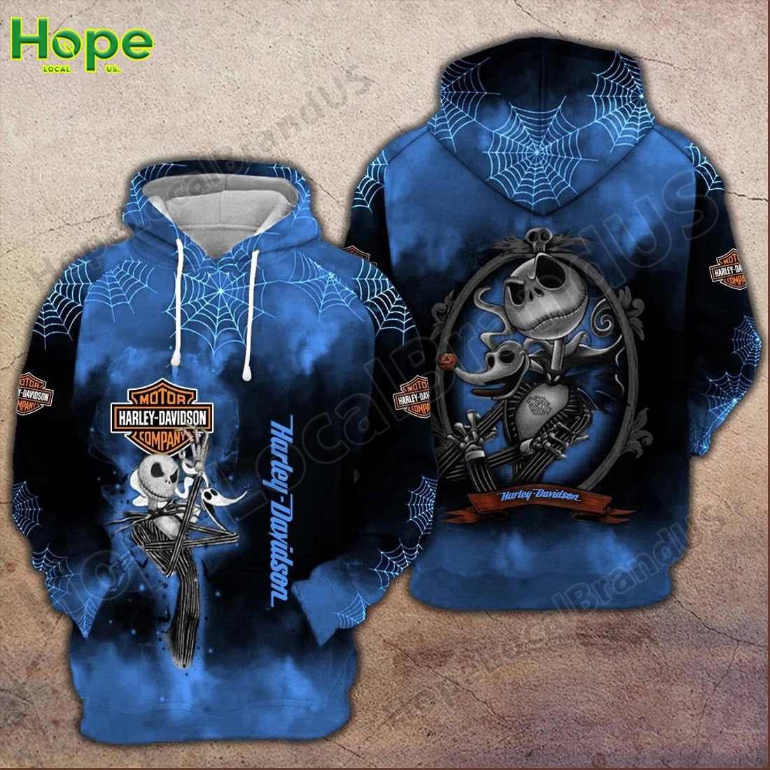 Blue Harley Davidson hoodie with Jack Skellington and Halloween spiderweb design.