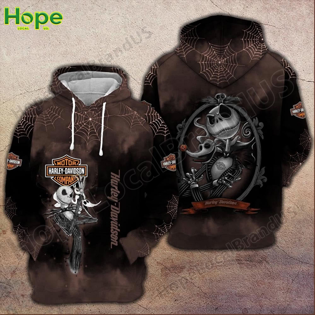 Brown Harley Davidson hoodie with Jack Skellington and Halloween spiderweb design.
