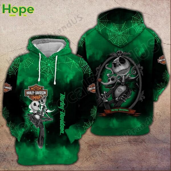 Green Harley Davidson hoodie with Jack Skellington and Halloween spiderweb design.
