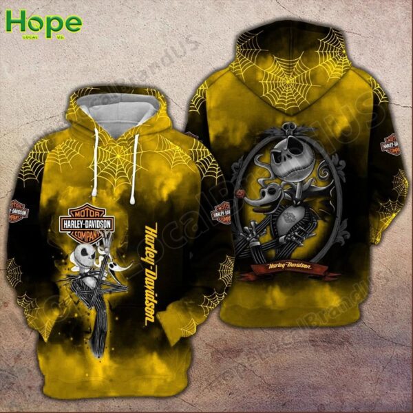Yellow Harley Davidson hoodie with Jack Skellington and Halloween spiderweb design.