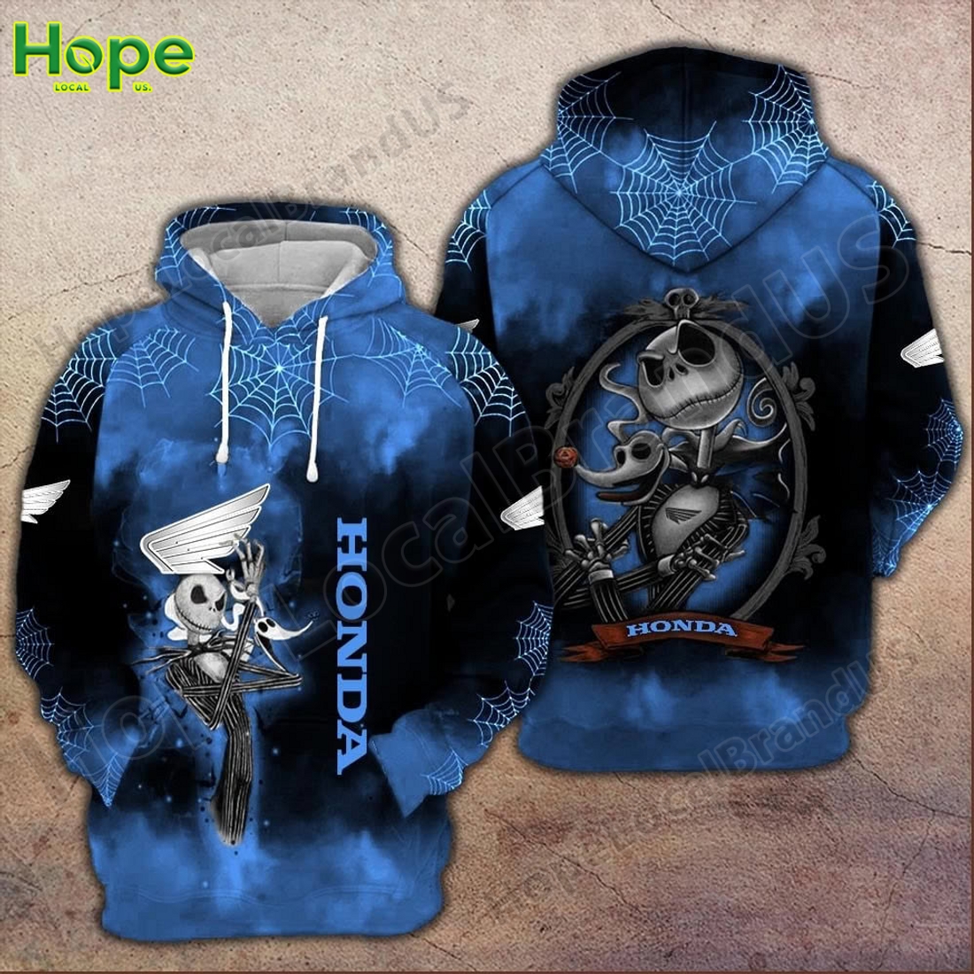 Blue hoodie with Jack Skellington graphic and Honda text.