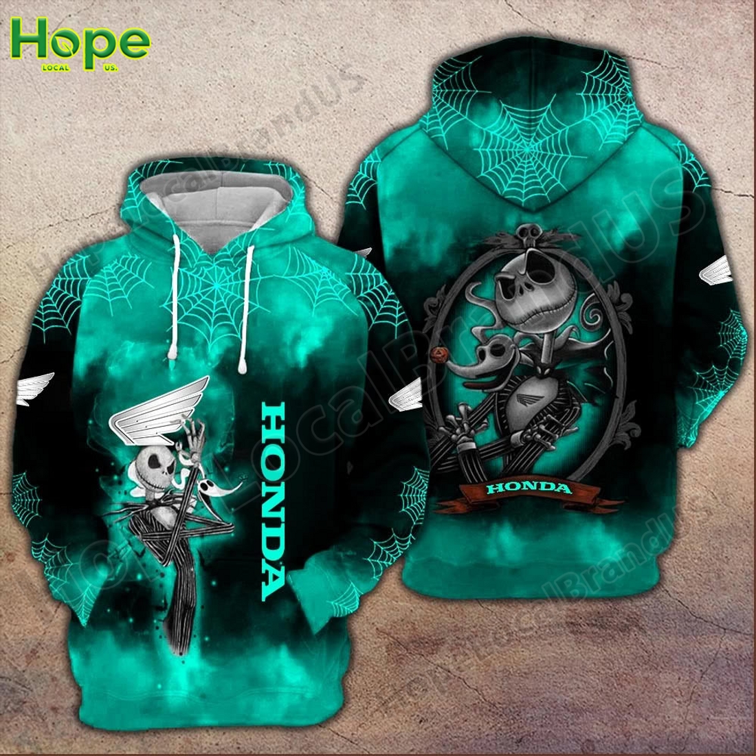 Teal hoodie with Jack Skellington graphic and Honda text.