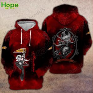 Red hoodie featuring Jack Skellington design with spider web patterns and Indian Motorcycle logo.