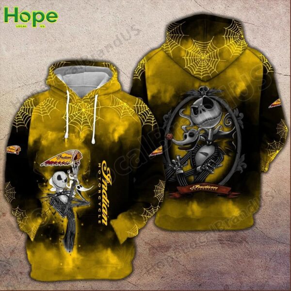 Yellow hoodie featuring Jack Skellington design with spider web patterns and Indian Motorcycle logo.