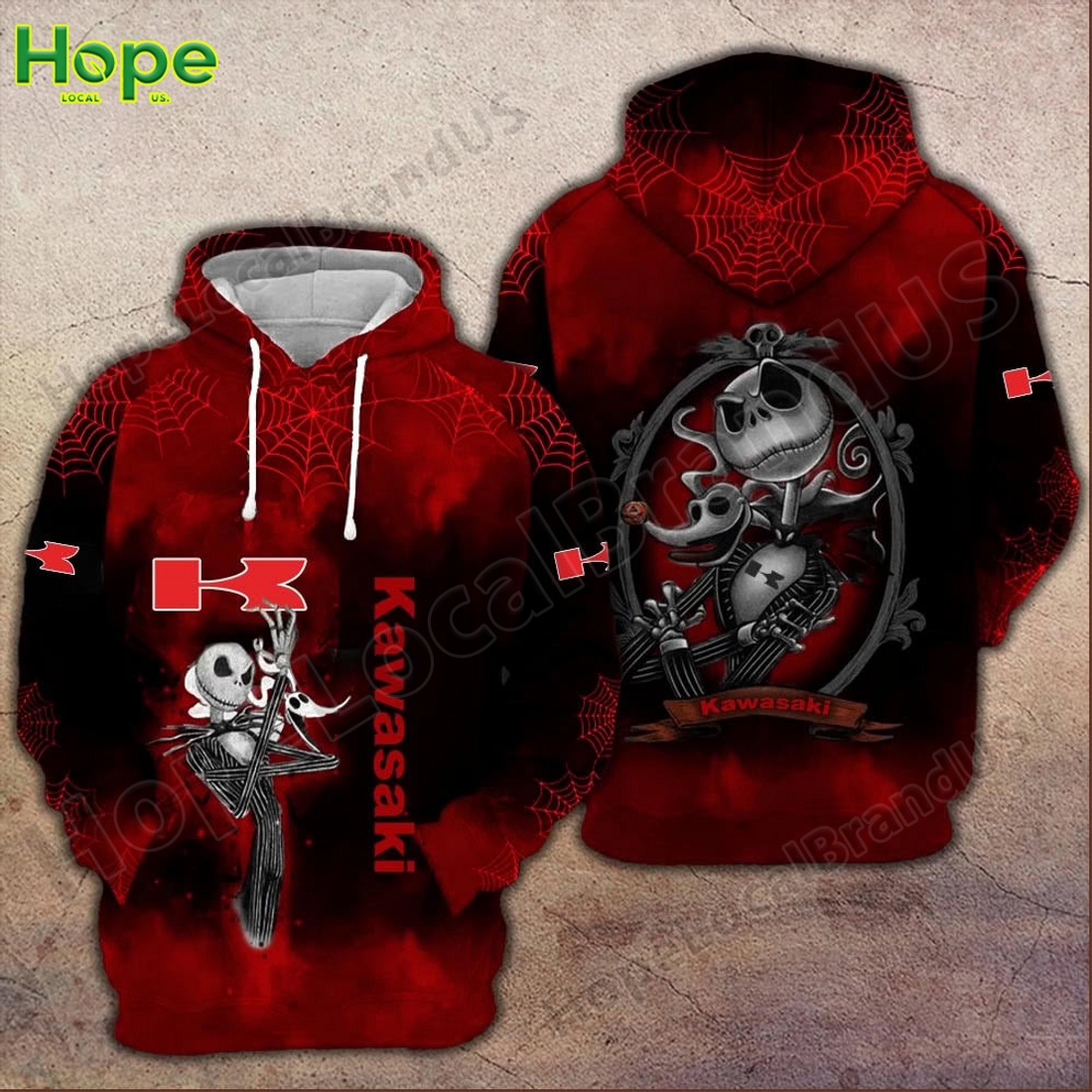 Red Kawasaki hoodie with Jack Skellington Halloween design and spiderweb patterns.