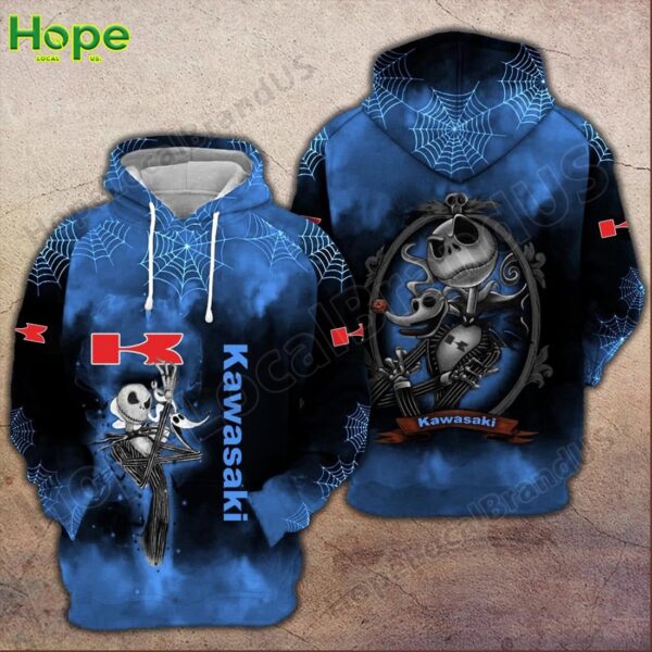 Blue Kawasaki hoodie with Jack Skellington Halloween design and spiderweb patterns.