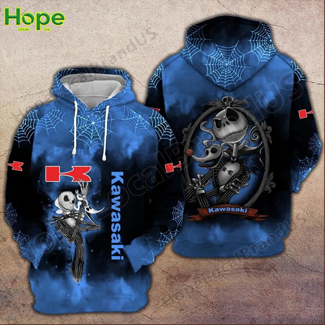 Blue Kawasaki hoodie with Jack Skellington Halloween design and spiderweb patterns.