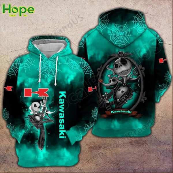 Teal Kawasaki hoodie with Jack Skellington Halloween design and spiderweb patterns.