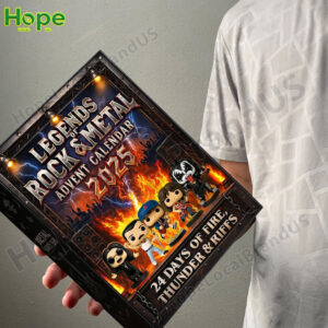 A person holding an advent calendar box with a rock and metal theme!