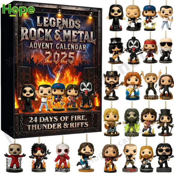 A rock and metal themed advent calendar box next to all the miniature figurines from inside!