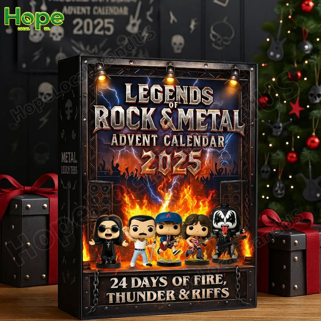 An advent calendar box with a rock and metal theme featuring cartoon figures on a table!