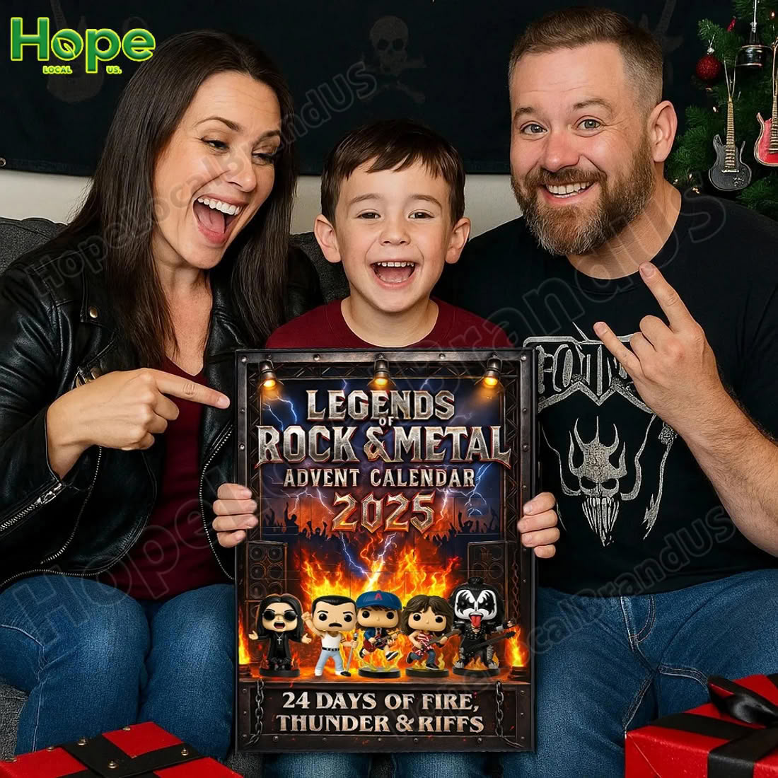 A family smiling and holding a rock and metal themed advent calendar!